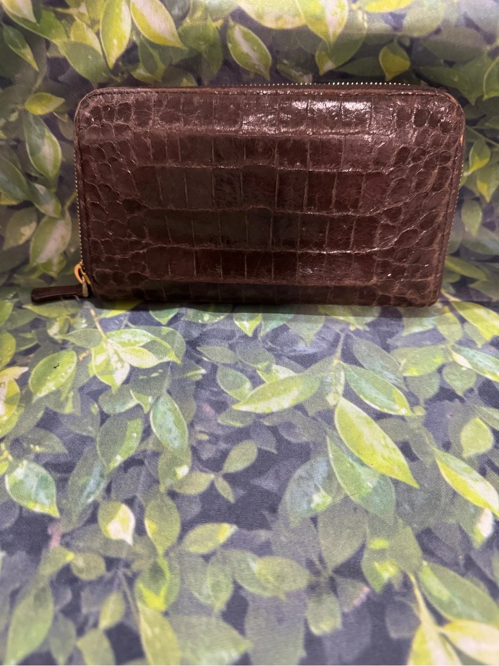 Miu Miu Dark Brown Croc-Embossed Zip Around Wallet with Gold Logo